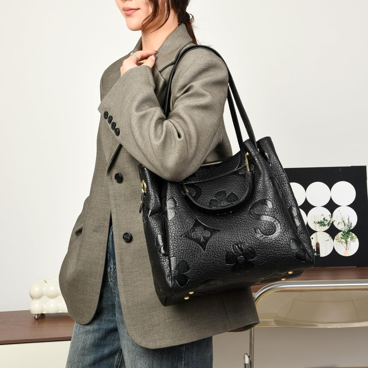 Travistar Floral Handbags Purses Women - Embossed Leather Top Handle Handbag Set Large Shoulder Bag Ladies Bucket Hobo Tote