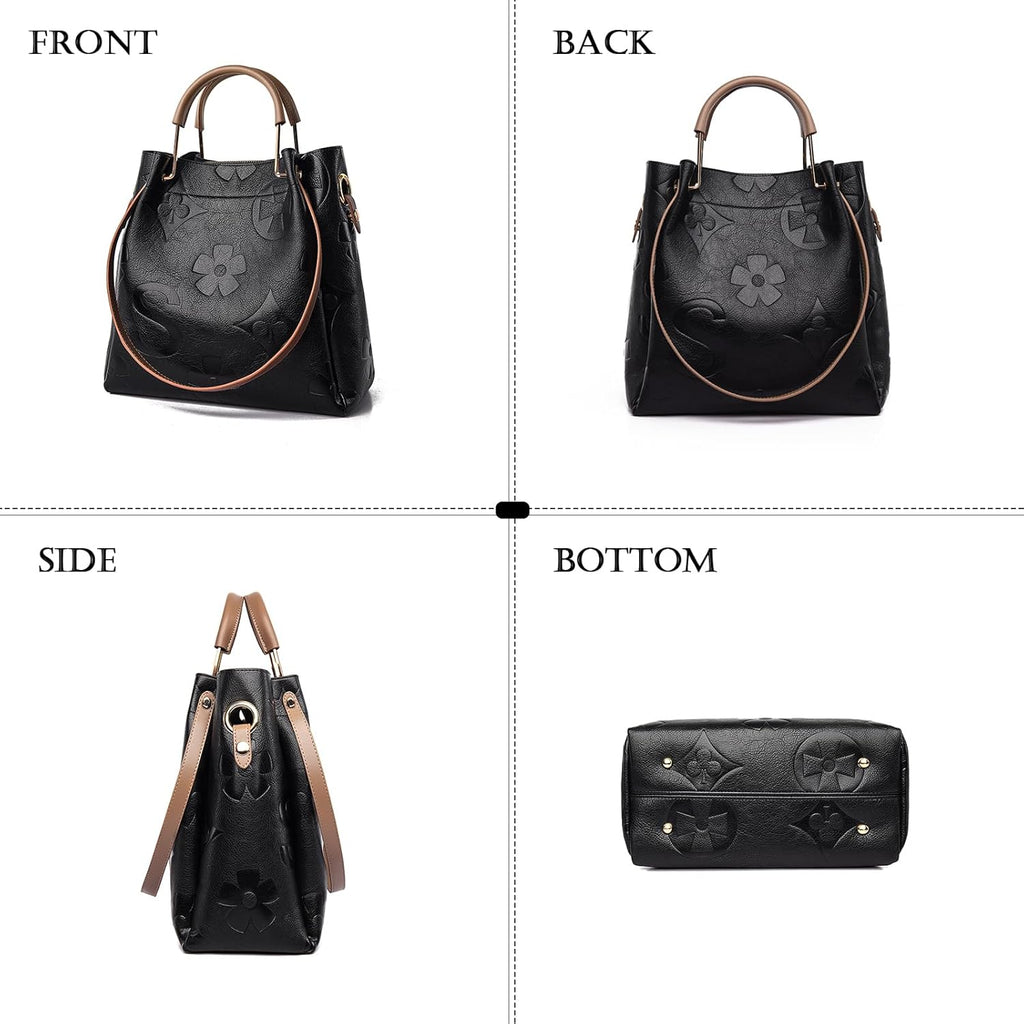 Travistar Floral Handbags Purses Women - Embossed Leather Top Handle Handbag Set Large Shoulder Bag Ladies Bucket Hobo Tote