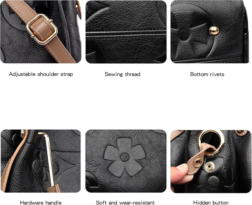 Travistar Floral Handbags Purses Women - Embossed Leather Top Handle Handbag Set Large Shoulder Bag Ladies Bucket Hobo Tote