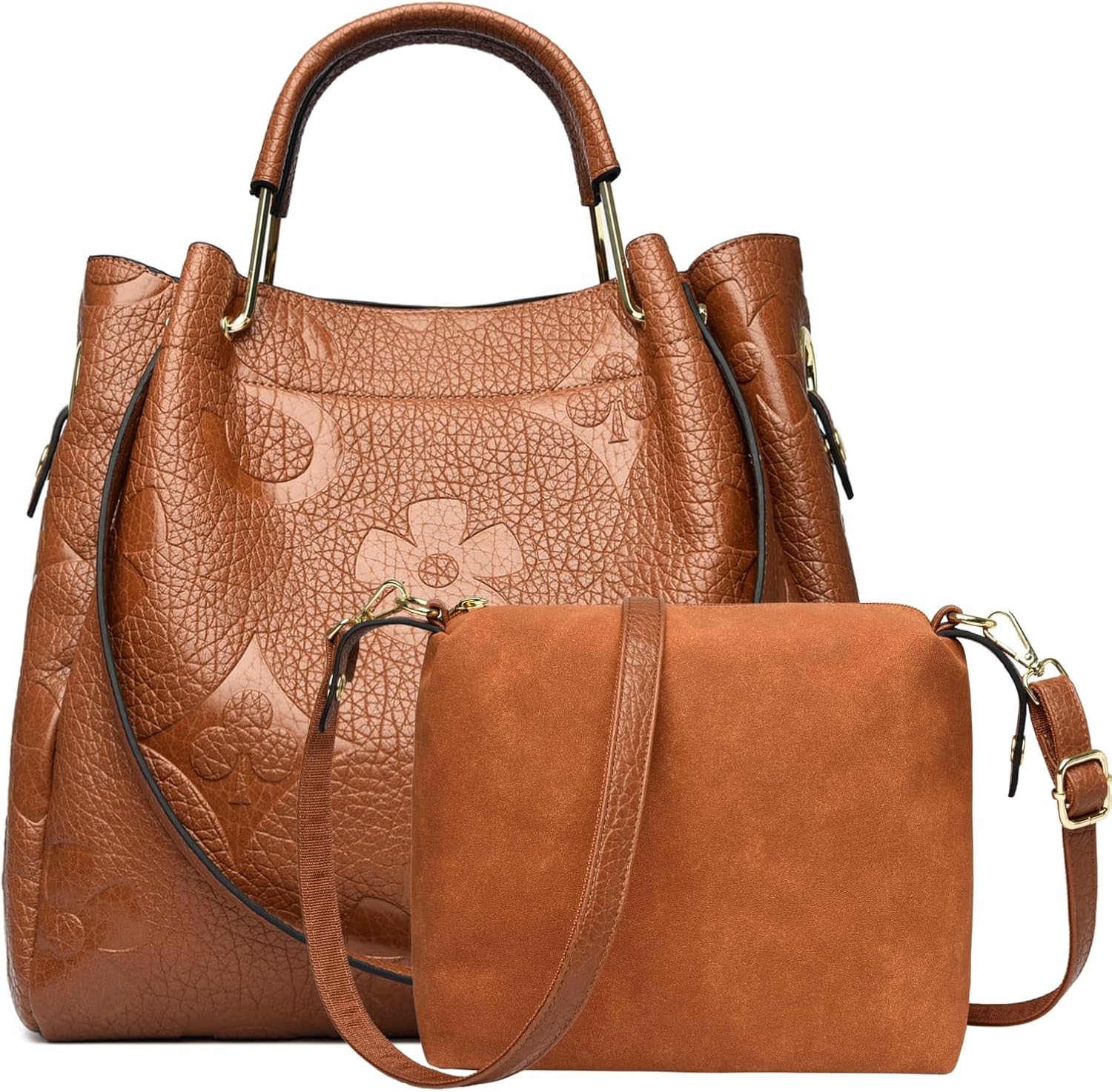 Travistar Floral Handbags Purses Women - Embossed Leather Top Handle Handbag Set Large Shoulder Bag Ladies Bucket Hobo Tote