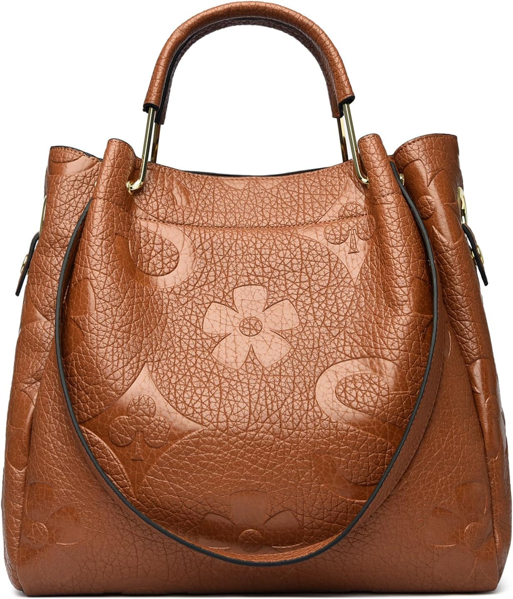 Travistar Floral Handbags Purses Women - Embossed Leather Top Handle Handbag Set Large Shoulder Bag Ladies Bucket Hobo Tote