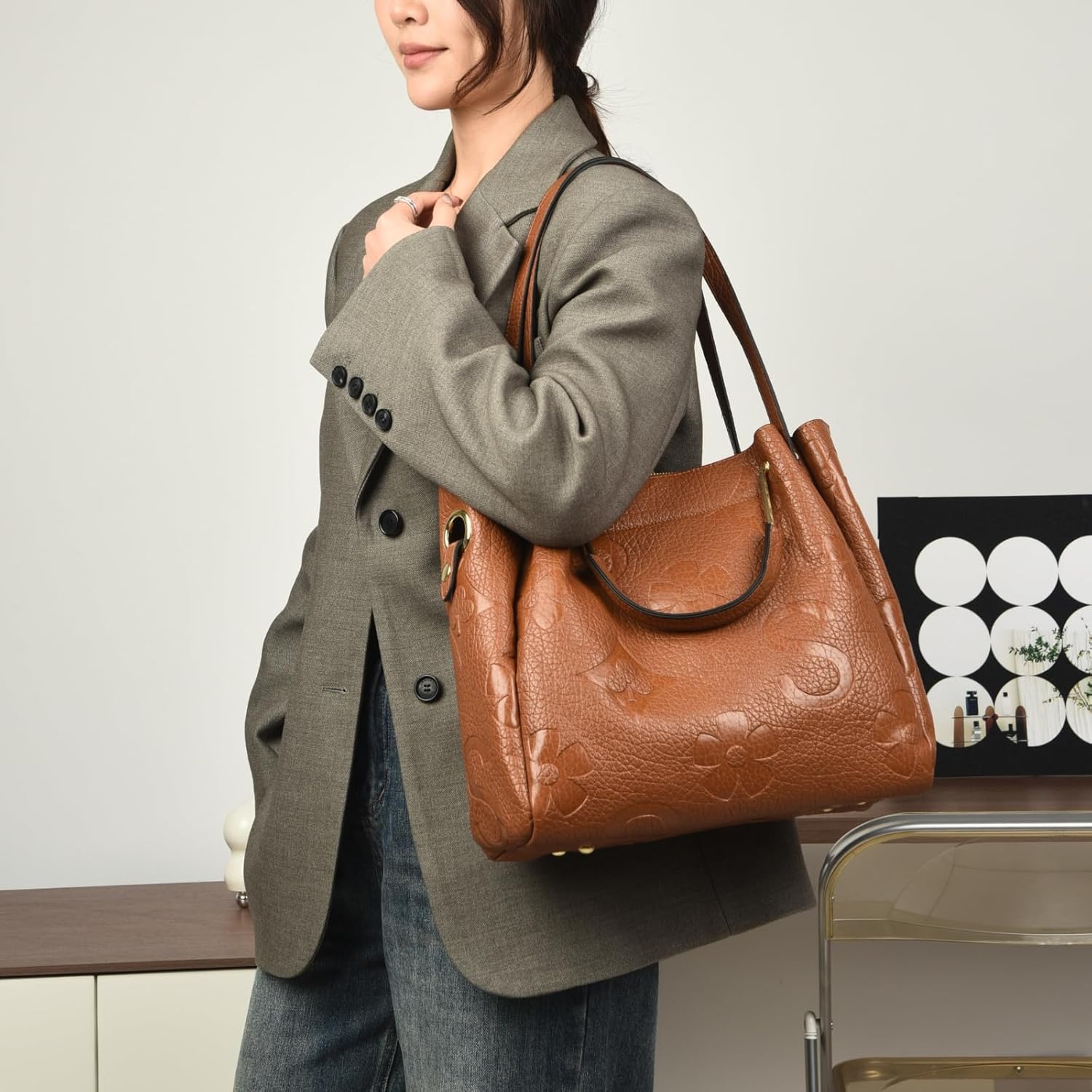 Travistar Floral Handbags Purses Women - Embossed Leather Top Handle Handbag Set Large Shoulder Bag Ladies Bucket Hobo Tote