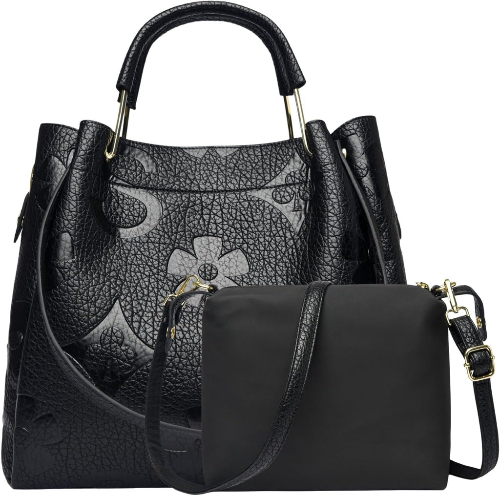 Travistar Floral Handbags Purses Women - Embossed Leather Top Handle Handbag Set Large Shoulder Bag Ladies Bucket Hobo Tote