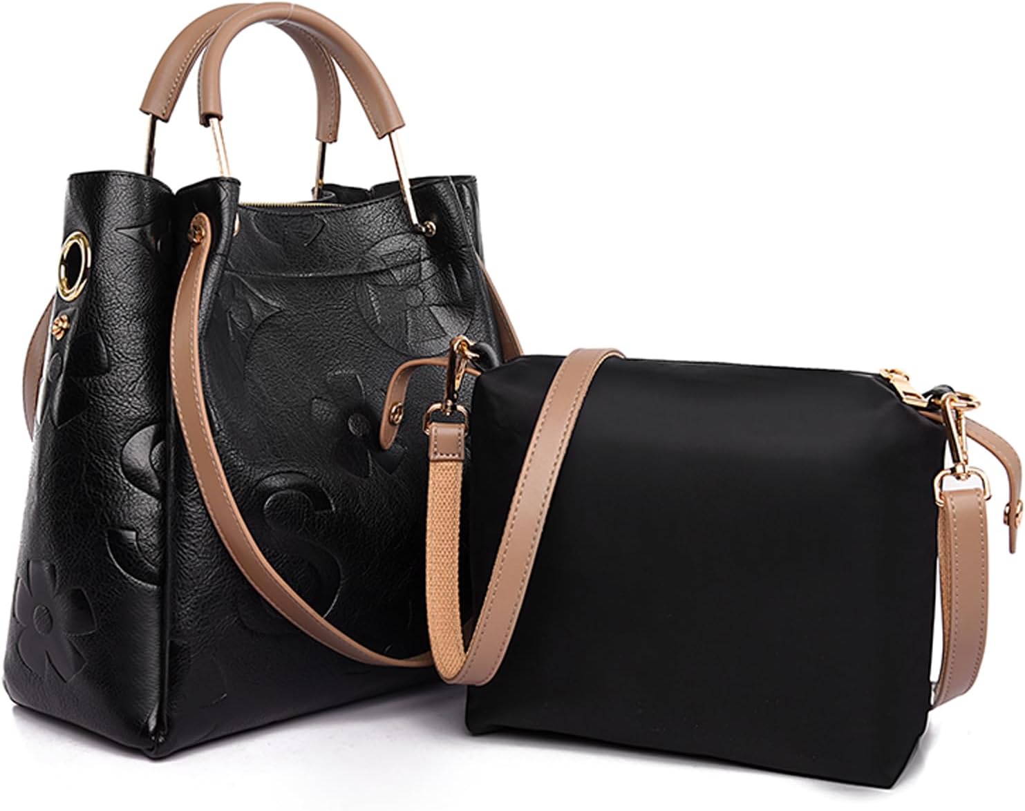 Travistar Floral Handbags Purses Women - Embossed Leather Top Handle Handbag Set Large Shoulder Bag Ladies Bucket Hobo Tote