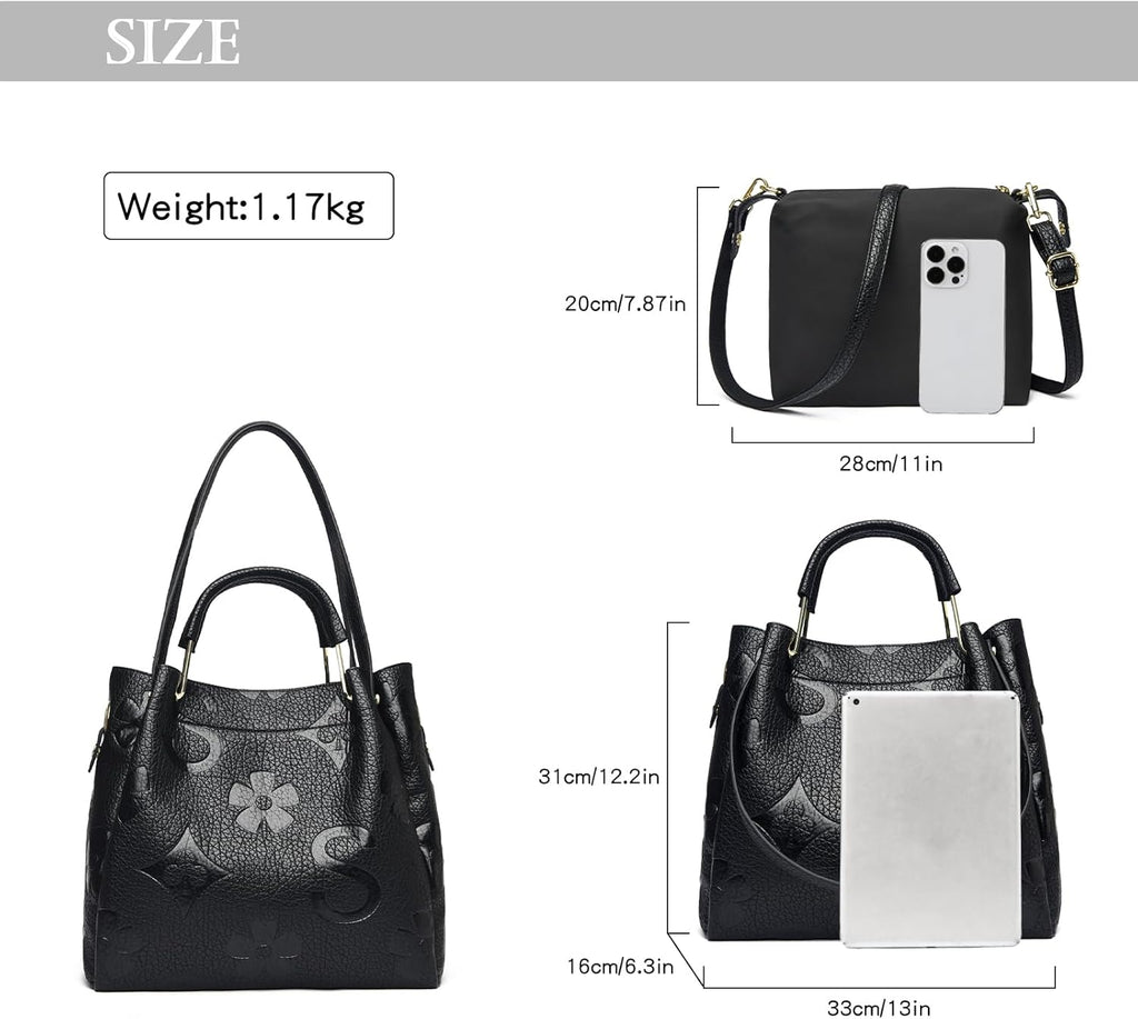 Travistar Floral Handbags Purses Women - Embossed Leather Top Handle Handbag Set Large Shoulder Bag Ladies Bucket Hobo Tote