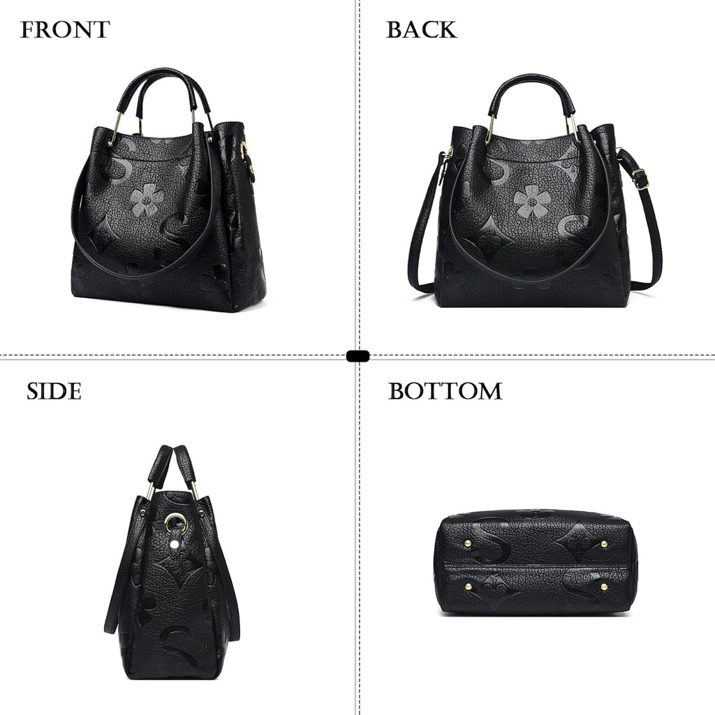 Travistar Floral Handbags Purses Women - Embossed Leather Top Handle Handbag Set Large Shoulder Bag Ladies Bucket Hobo Tote