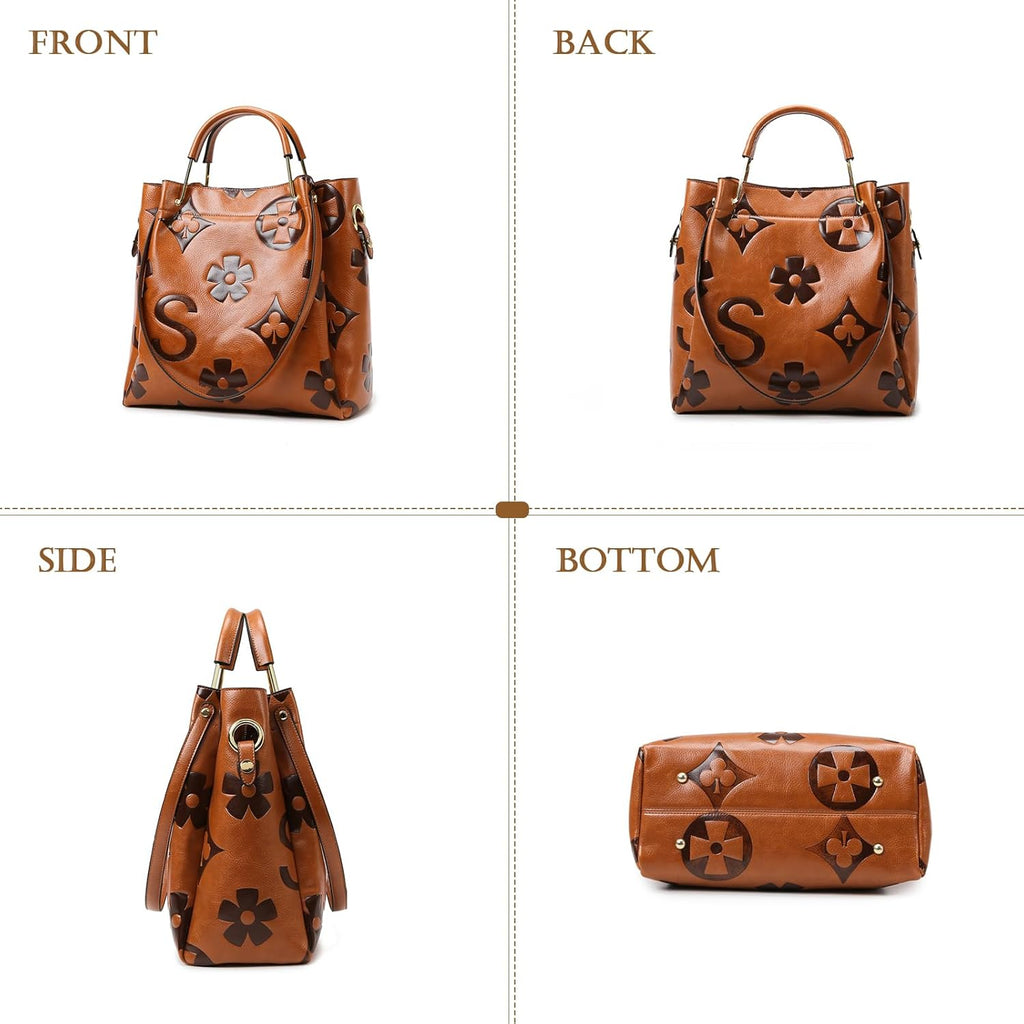 Travistar Floral Handbags Purses Women - Embossed Leather Top Handle Handbag Set Large Shoulder Bag Ladies Bucket Hobo Tote